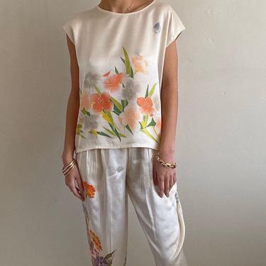 90s hand painted silk charmeuse pant suit set / vintage creamy white floral liquid silk box tee + pleated pants suit matching set | XS 
