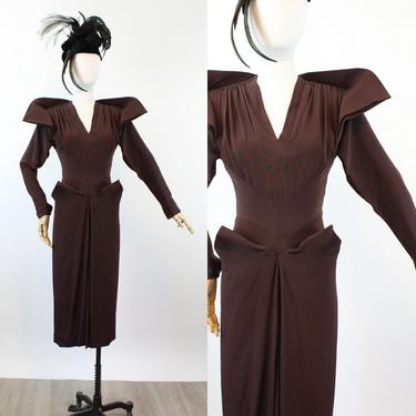 1940s 1949  DOCUMENTED Dorothy O'Hara dress peaked shoulders draped skirt xs | new winter 