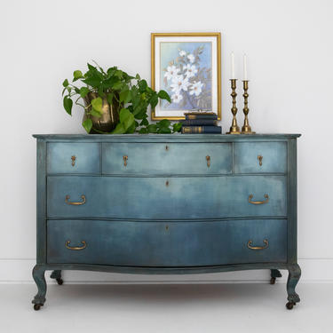 AVAILABLE Hand Painted Ombre Blue Antique Dresser, Bohemian Style Chest of Drawers, Eclectic Vintage Teal Buffet Table, Artistic Bureau 