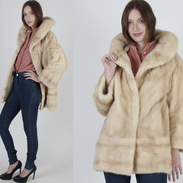 Vintage 60s Blonde Mink Coat, Real Mink Fur With Giant Back Fur Collar, 1960s Real Ivory Lined Opera Swing Overcoat, Womens Winter Jacket by americanarchive