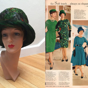 One Drink Then We Go - Vintage 1960s Colourful on Forest Green Feather Bucket Lampshade Hat 