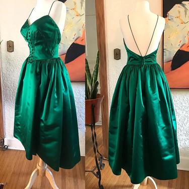 Stunning 1950's Designer Emerald Green Silk Satin Cocktail Party Dress by " Mr. Blackwell Designs" Vintage Chic Couture Size Small 
