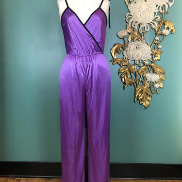 1970s jumpsuit, slinky purple nylon, vintage 70s jumpsuit, disco style, tie shoulders, wrap style, size small, sexy jumpsuit, 70s pantsuit 