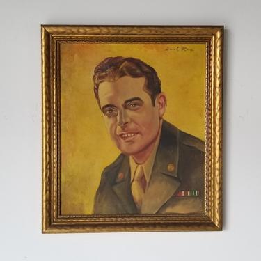 40's Vintage u.s Army Gentleman Oil on Canvas Painting, Signed 