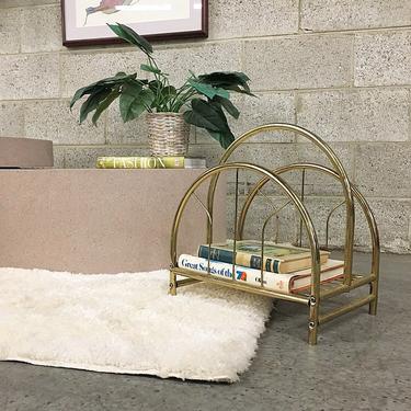 Vintage Magazine Rack Retro 1970s Gold Brass Metal Stand for Books with Rounded Edges and Top Handle for Living Room Organization 