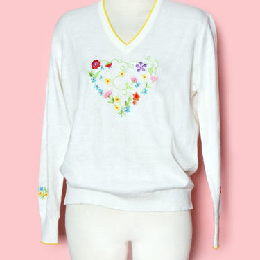Vintage Embroidered Heart Pullover Sweater, White, Floral, Yellow V Neck, Acrylic, 1970's Boho Rockabilly 