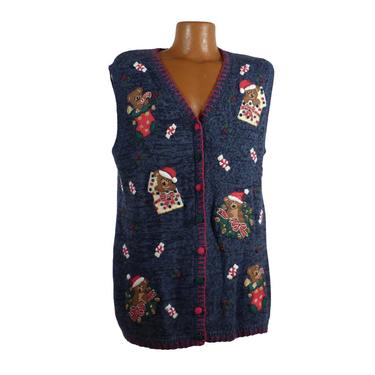 Ugly Christmas Sweater Vintage 1980s Tacky Holiday Teddy Bears Vest Party Women's size 1X 
