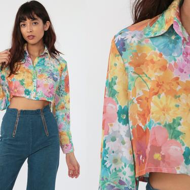 Watercolor Floral Shirt Hippie Blouse Boho Crop Top 70s Button Up Shirt Bohemian 1970s Vintage Boho Bright Summer Long Sleeve Small Medium 