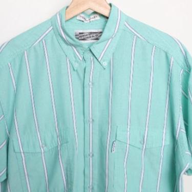 men's GRUNGE vintage short sleeve Big &quot;E&quot; Levi's collectible mint and white COLOR block striped button up shirt men's 90s -- size large 