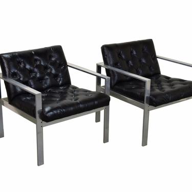 Pair Vintage Mid-Century Modern Milo Baughman Style Chrome Steel Lounge Armchairs 