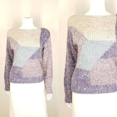 1980s Purple Color Block Sweater, Small Medium ~ Geometric Lavender Pullover ~ Fuzzy Open Knit Acrylic ~ Spring Pastel Boat Neck Sweater 