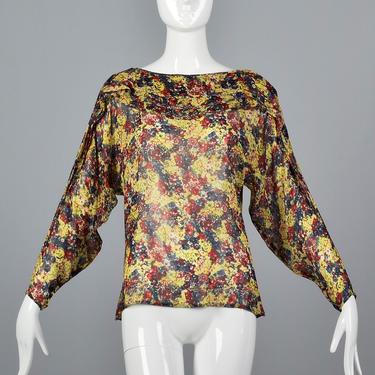 Rare 1980s Gianni Versace Sexy Sheer Top Silk Blouse Loose Flowy Top Colorful Floral Print Vintage Designer Summer Blouse 