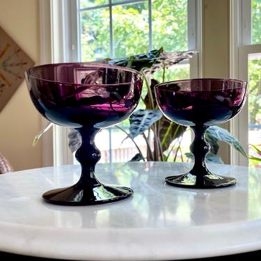 2 Vintage Carlo Moretti, Amethyst Purple Champagne Coupe, Wine or Cocktail Glasses, Dessert Cups - Glassware Stemware, Moody Bar Cart, Italy 