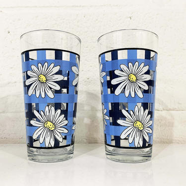 Vintage Flower Power Glasses Set of Two Pair Daisy Plaid Picnic Retro Floral Flowers Barware Cocktail Mid-Century Indonesia 