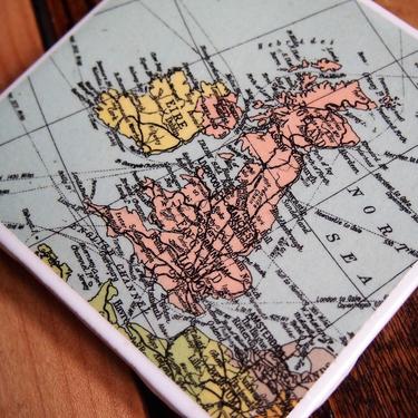 1947 British Isles Handmade Repurposed Vintage Map Coaster - Ceramic Tile - Repurposed 1940s Atlas - England UK Ireland Scotland North Sea 