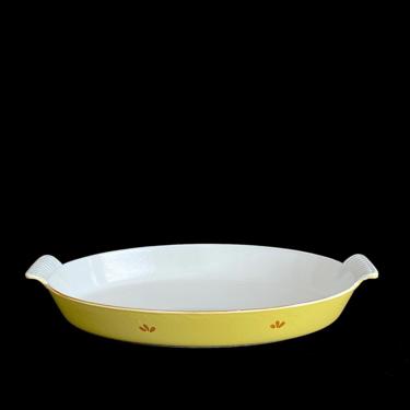 Vintage YELLOW Enameled Cast Iron Casserole Pan Pot DRU HOLLAND with Hand Painted Floral Detail Enamelware 