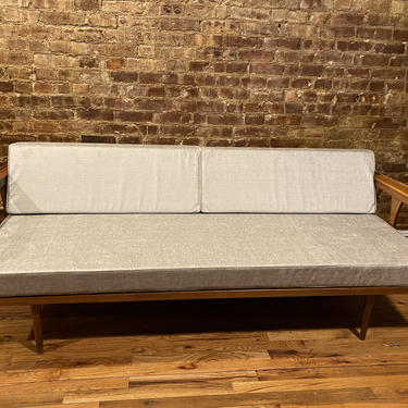 Mid century modern minimalist danish daybed sofa couch bed wood frame new upholstery light gray knoll velvet fabric carved arms 