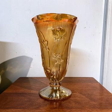 Vintage Jeannette Glass Marigold Carnival Glass Iris and Herringbone Vase 