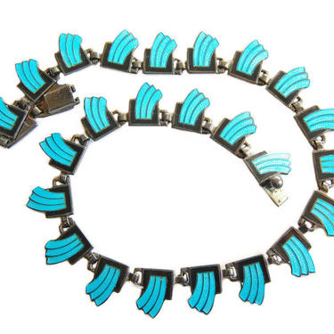 Margot de Taxco Guilloche Enamel Wave Necklace RARE Sterling Southwestern Mid Century Modernist Vintage Jewelry FREE SHIPPING 