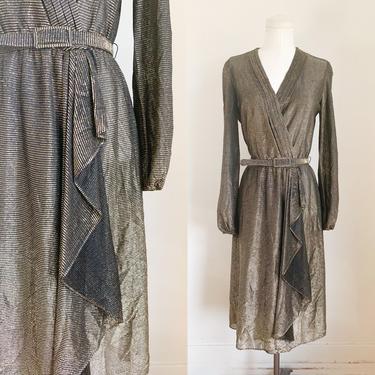 Vintage 1980s Metallic Gold Faux Wrap Belted Dress / S 
