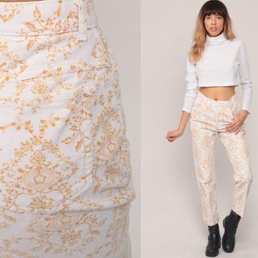 Corduroy Pants 80s Tapered Trousers White Floral Pants Mom Trousers Damask Print High Waisted 90s Vintage Hipster Medium 28 8 