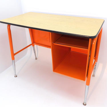 Orange Mid Century Petite Tanker Office Desk School Apartment Loft Small Work Space Surface Shelf &amp; Storage Cabinet Chrome Adjustable Legs 