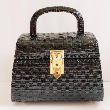 1950s 1960s Black Wicker Handbag Picnic Basket Style / 50s 60s Boxy Purse Treasure Chest Rodo 