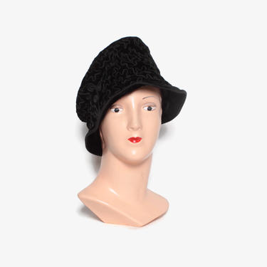 Vintage 20s Black Velvet CLOCHE Hat / 1920s Soutache Embroidered Hat 