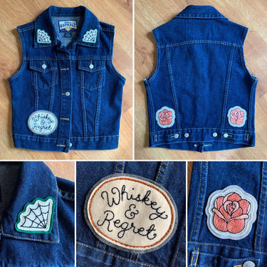 2000s - women’s Asphalt Jeans dark wash denim vest with custom handmade felt patches - spiderwebs, roses, custom lettering 