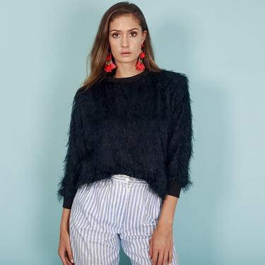 80s Fuzzy Black Shimmery Sweater Vintage Oversize Fringe Silver Blouse Pullover 