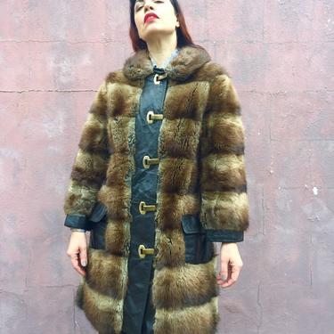 vintage 60s west german fur coat | 1960s brown fur and leather coat | sable mink fur jacket | large metal clip closures and leather pockets 