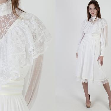 Vintage 70s Prairie Wedding Dress / Sheer White Floral Lace Midi Dress / High Collar Solid Bridal Dress / Victorian Inspired Mini Dress 
