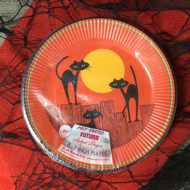 Halloween Black Cat Plates, Small Snack Desert Plates, NIP, C.A. Reed Company, Full Moon, 3 Cats On Fence  7&quot; Plates 