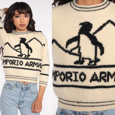 Emporio Armani Sweater 80s Penguin Sweater Novelty Winter Boho Cream Knit 1980s Wool Sweater Vintage Retro Extra Small xs 