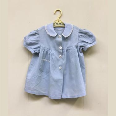 Vintage 1950s Little Girl's Blue Cotton Puff Sleeve Dress, 20&amp;quot; Bust/Size 2 