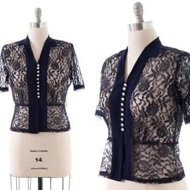 Vintage 1940s Blouse | 40s Navy Blue Sheer Lace Rayon Button Up Short Sleeve See Through Top (large) 