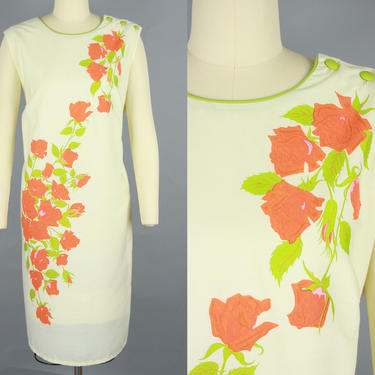 1960s SHAHEEN Shift Dress | Vintage 60s Climbing Rose Print Tiki Dress | medium 