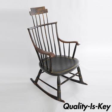 Antique American Primitive Black Painted Wood Windsor Rocking Chair Colonial