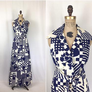 Vintage 60s dress | Vintage blue white maxi floral dress | 1960s Andrade Honolulu dress 