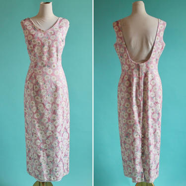 Sleeveless Brocade Scoop Back Summer Dress Pink with White Daisies L/XL 