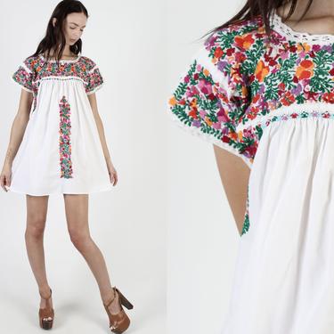 White Oaxacan Dress / Hand Embroidered Dress From Mexico / Authentic Vintage Womens Cotton Mini / Beach Resort Cover Up Clothing 