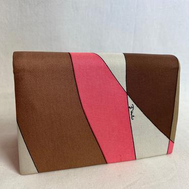 Emilio Pucci wallet~ psychedelic pattern~ leather & cloth fine women’s pocket book~ coral brown off white pink shapes 