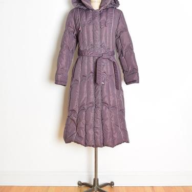 vintage 80s coat quilted down puffer jacket dusky lilac purple hooded full length S M clothing by huncamuncavintage