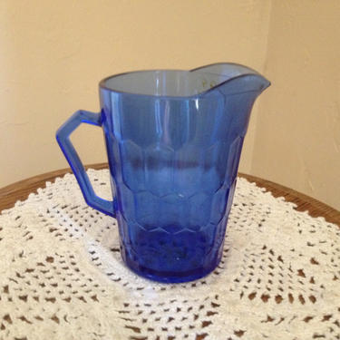 Vintage Adorable cobalt blue honey comb pattern milk pitcher Hazel Atlas 