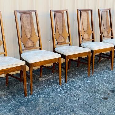 Mid Century Broyhill Brasilia Walnut and Cane Dining Chairs, Set of Six Brasilia Side Chairs 