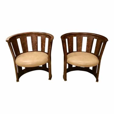 Caracole Modern Walnut Finished Burl-Esque Wood Barrel Chairs Pair