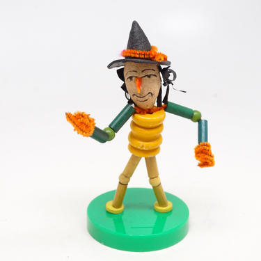 Vintage Halloween Witch, Wooden Beads with Spun Cotton Head, Chenille Hands, Retro Toys 