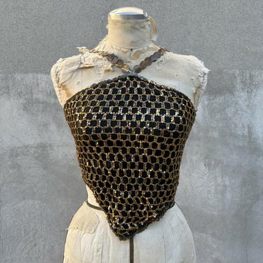 Vintage 1930s Halter Top Burlesque Costume Dress Top Gold Sequins Cotton