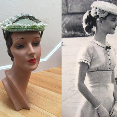 A Teenage Beauty - Vintage 1950s Sage Green Rayon Plaid Fabric & Lily of the Valley Small Dish Hat 