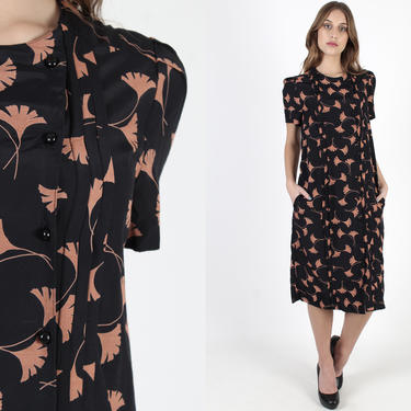 Vintage 80s Black Leaf Print Dress With Pockets 1980s Brown Floral Shift Dress Off Set Button Front Pleated Cocktail Style Midi Mini Dress 